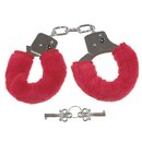 MFH Handschellen, mit 2 Schlüssel, chrom, Fellüberzug in rot